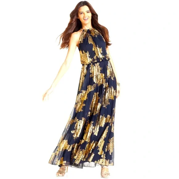 Xscape | Dresses | Xscape Navy Gold Halter Maxi Dress | Poshmark